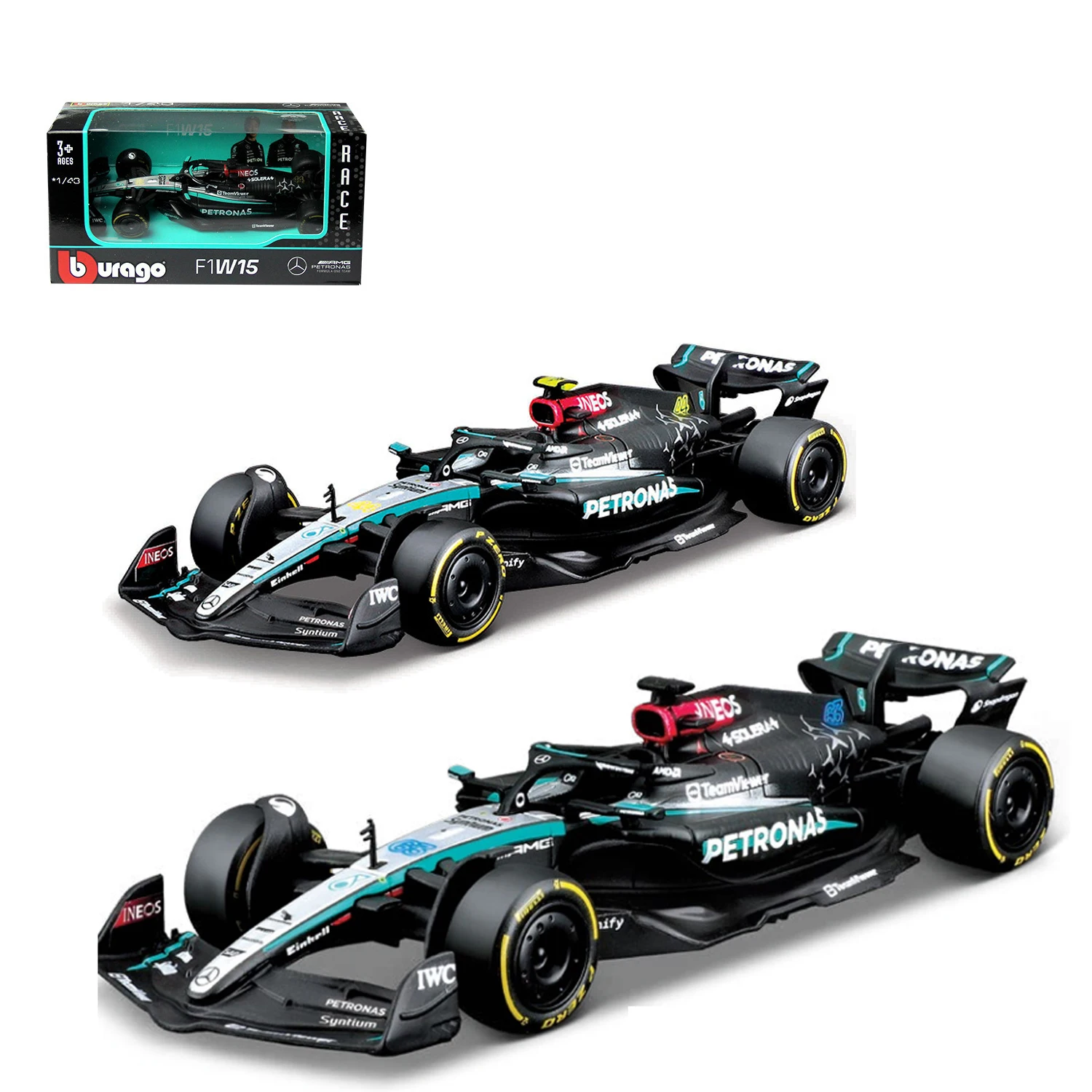 Bburago 1:43 W15 NO44 메르세데스-AMG F1 팀 #63 포뮬러 다이 캐스트 자동차 모델 경쟁 차량 모델 자동차 레이싱 장난감