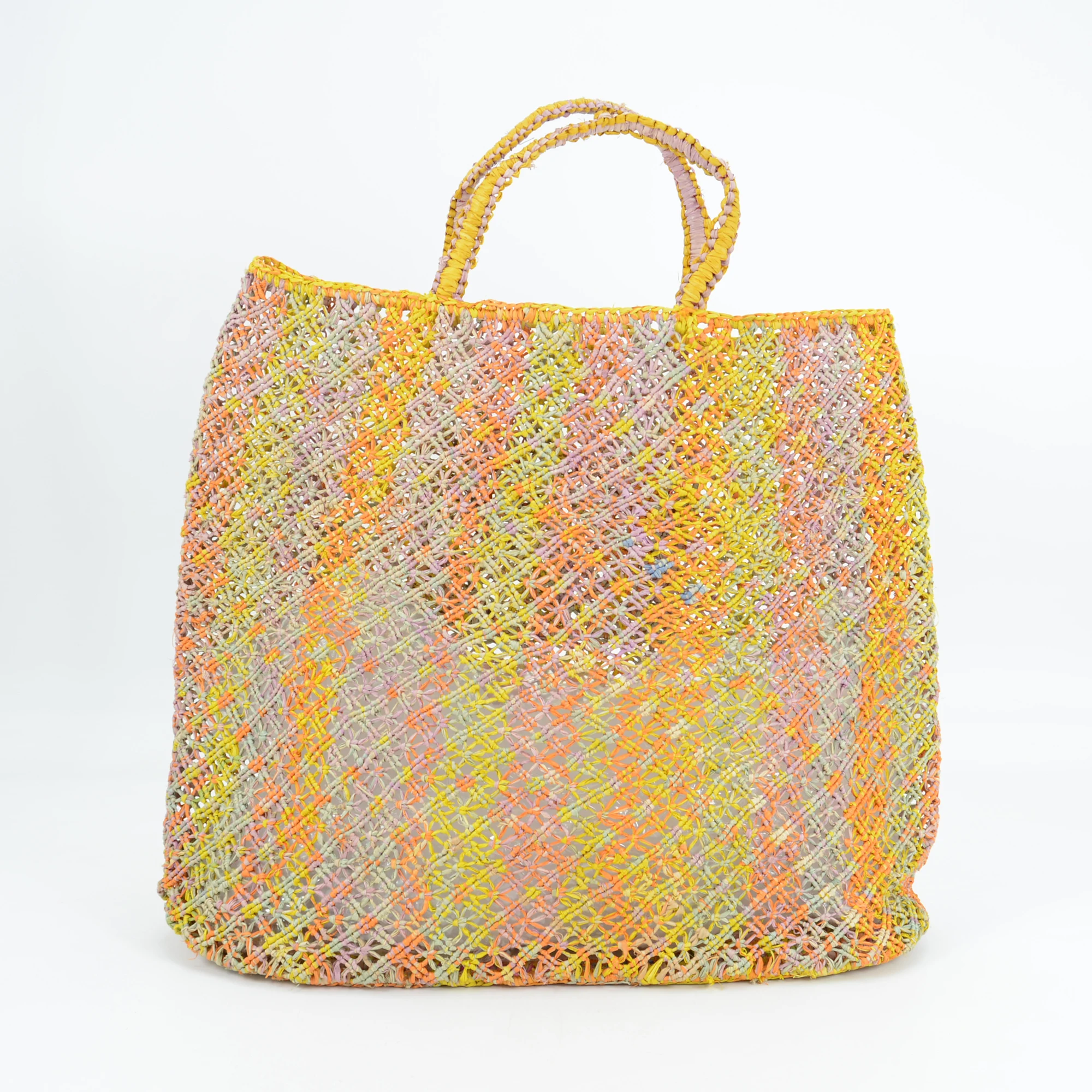 Handmade Crocheted Hollow Out Designer Colorful Striped Straw Raffia Tote