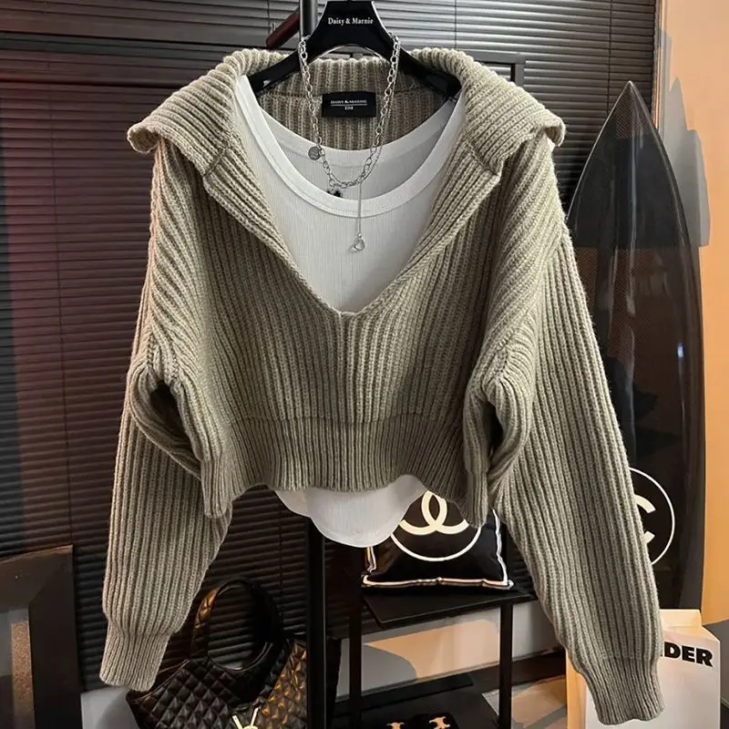 

Autumn Jacket Women Sweater Knit Pullover Lazy Y2k Clothes Cropped Tops Long Sleeve Streetwear Loose Design Knitwear Streetwear