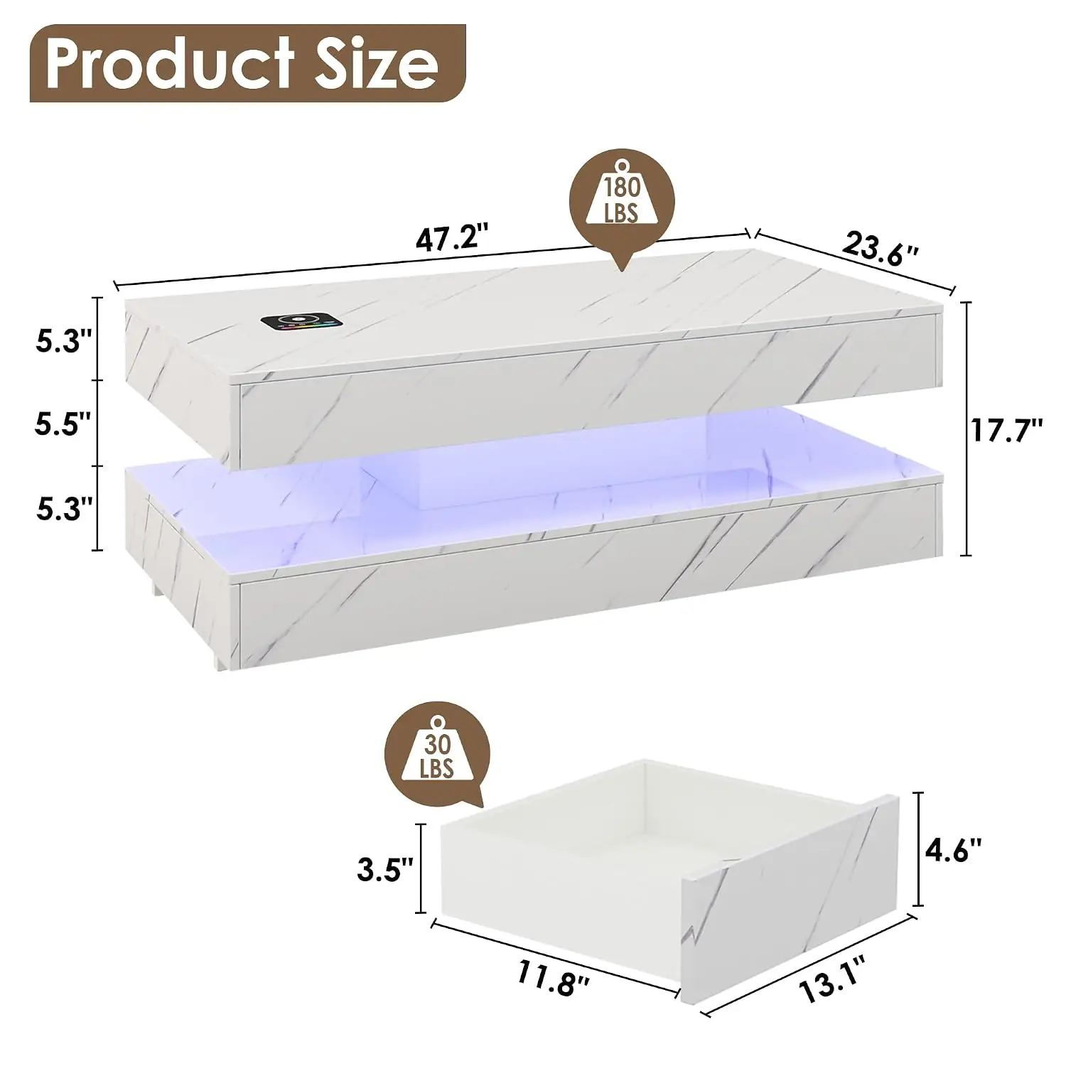 47.2" White LED Coffee Table With Wireless Charging & Bluetooth Speaker, Customized