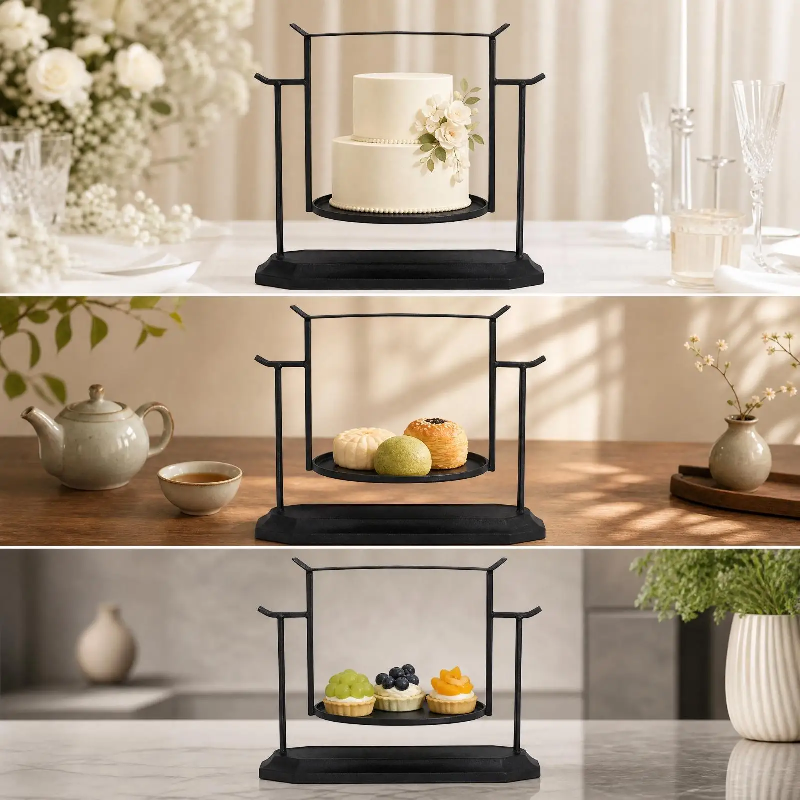 Black Iron Cake Stand with Round Tray Metal Iron Dessert Display Stand Open-Frame Cake Holder for Tea Gatherings, Birthdays,