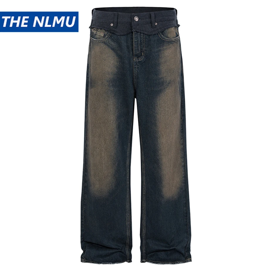 

Men Vintage Blue Jeans Luxury Designer Patchwork Baggy Denim Pants Loose Straight Jeans Trousers