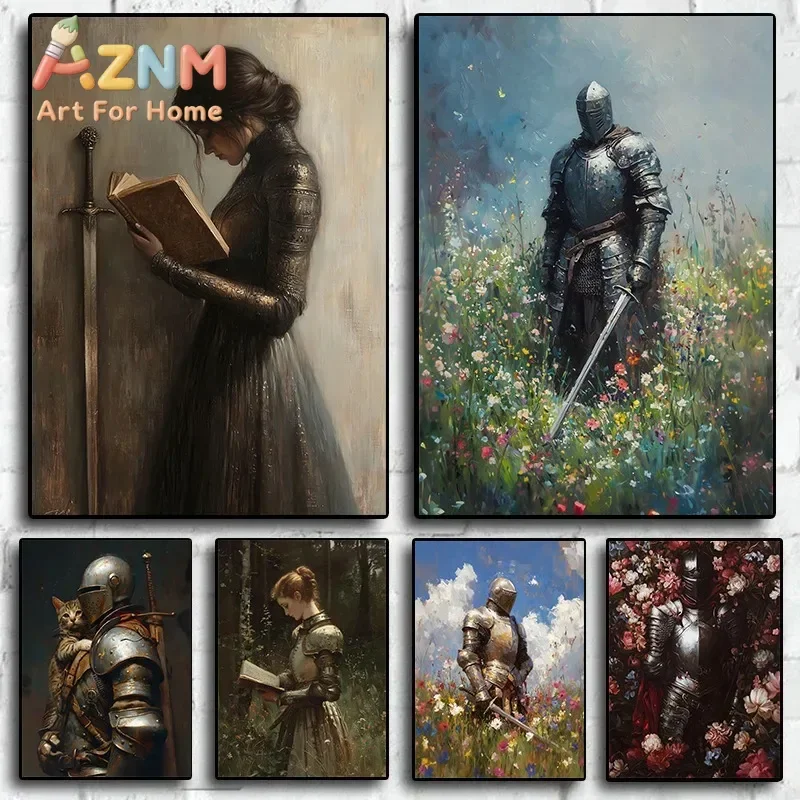1pc Frameless Canvas Vintage Dark Academia Medieval Knight in Wildflower Meadow Fantasy Sword Poster Wall Art Home Decor