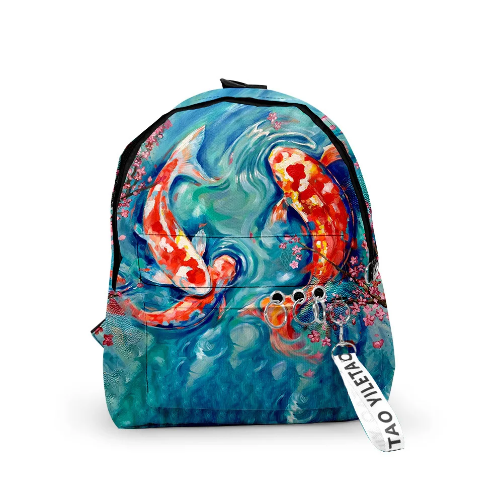 Harajuku Popular Koi carp School Bag Boys Girls Cute Small Travel Bags 3D Print Oxford Waterproof Key Chain Notebook Backpacks