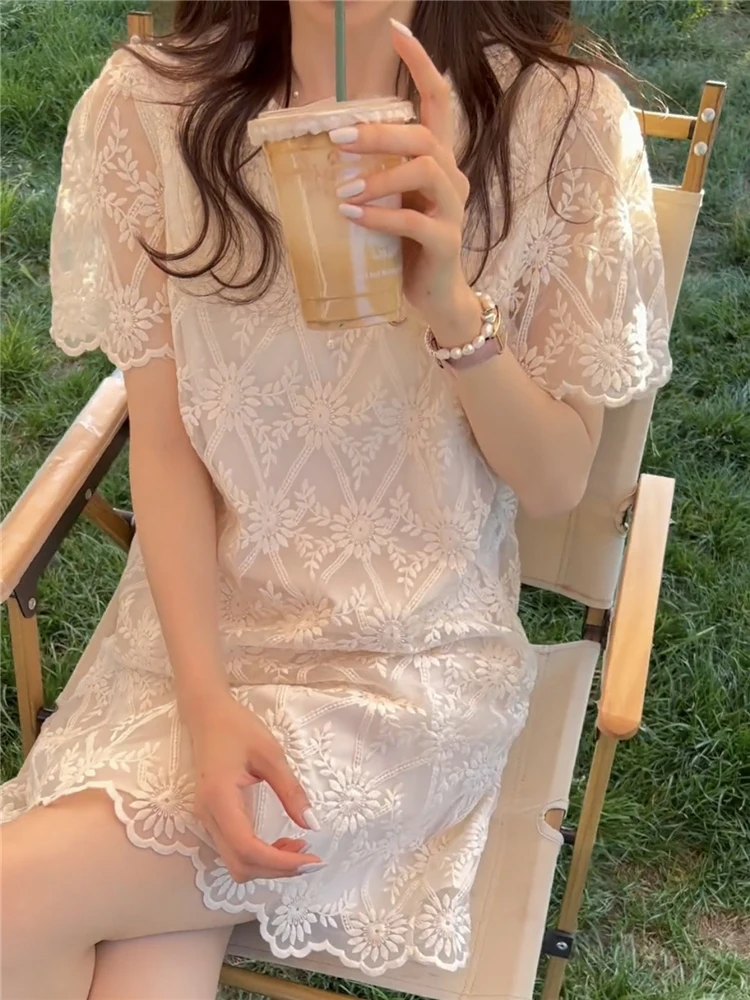 エレガントなレース刺繍サマードレス女性のミニ痩身妖精プリンセススカート通勤韓国スタイルハイウエスト半袖