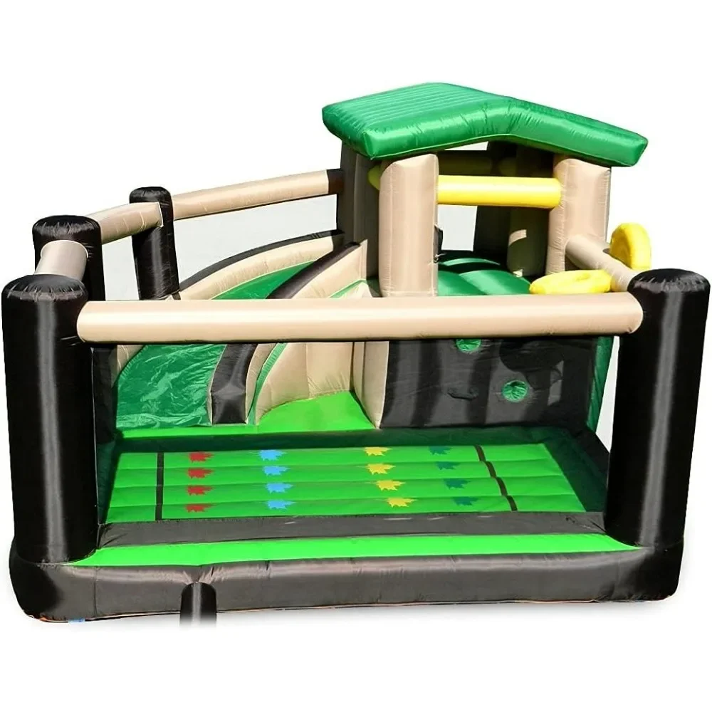 Recreational Kids Bounce House with Fort Area, Climbing Wall, Basketball, Soccer Shot, Curved Slide & Twist & Tangle Game