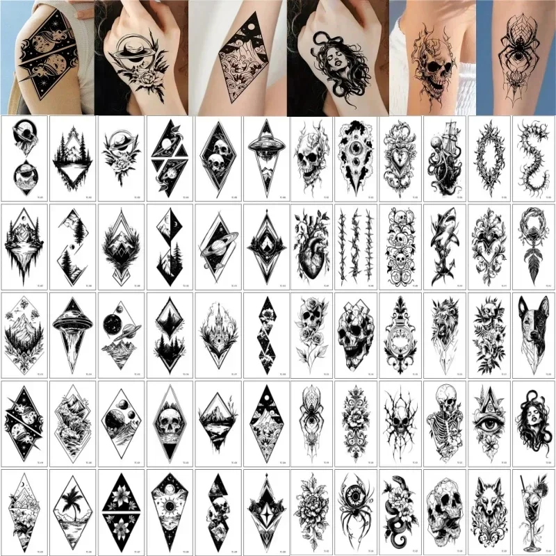 

60 Sheets Black Tattoos Temporary Waterproof Moon Skull Dog Cool Transfer Fake Tatoo for Women Men Adult Hands Wrist Party Decor