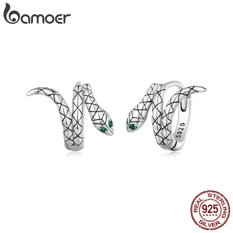 Bamoer 925 Sterling Silver Retro Spirit Snake Ear Buckles Green Zircon Hoop Earrings for Women Fine Jewelry BSE883