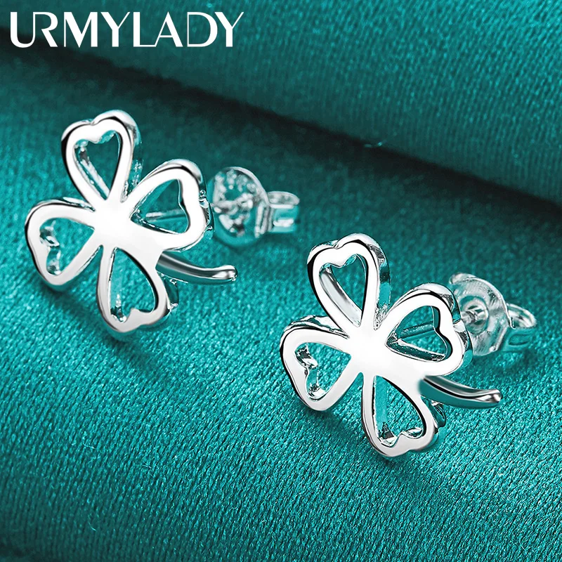 URMYLADY 925 Sterling Silver Four Leaf Clover Stud Earrings For Women Fashion Wedding Engagement Jewelry