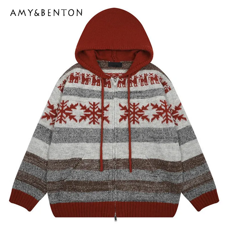

Vintage Jacquard Design Hooded Lace-up Zipper Knitted Women's Cardigan 2025 Autumn Winter Loose Versatile Sweater Jackets Ladies