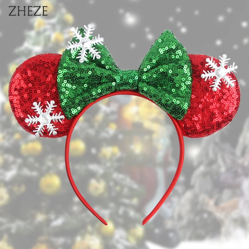 Christmas Mouse Ears Headband Snowflake Sequin Bow Hairband For Girls Women Party DIY Hair Accessories Festival Gift Boutique