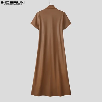 Men's Long PU Leather Short-Sleeve Trench Coat 5 INCERUN Men Long Style Trench Solid Color Lapel Short Sleeve Male Cardigan Streetwear PU Leather Casual Male Windbreaker Coats 5