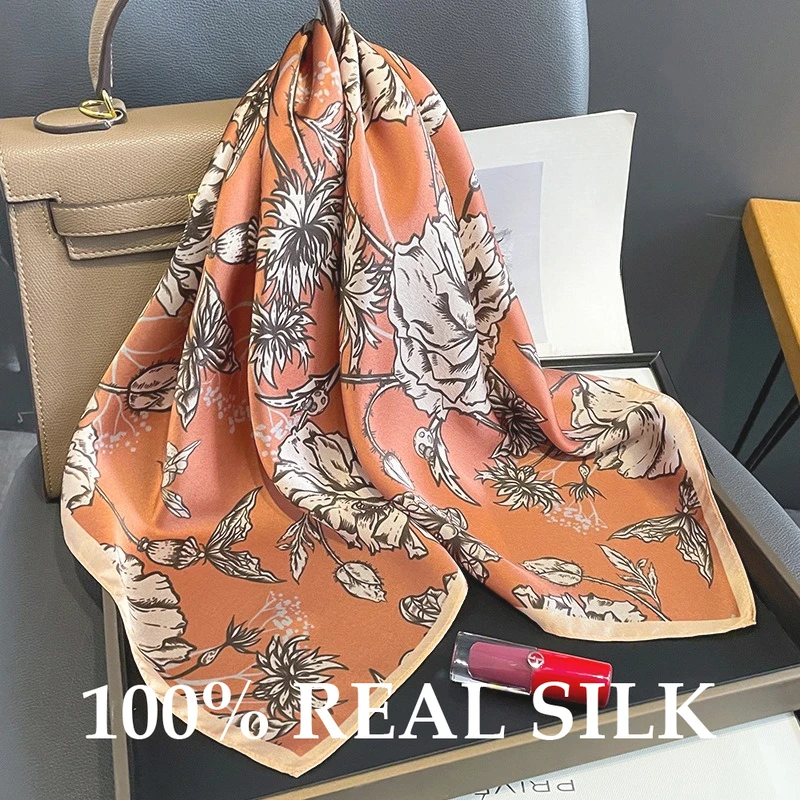 

Шарф-бандана из 100% натурального шелка для женщин, квадратный платок, элегантный, на все сезоны, модный, высококачественный хиджаб, шаль, фулярд, головной платок