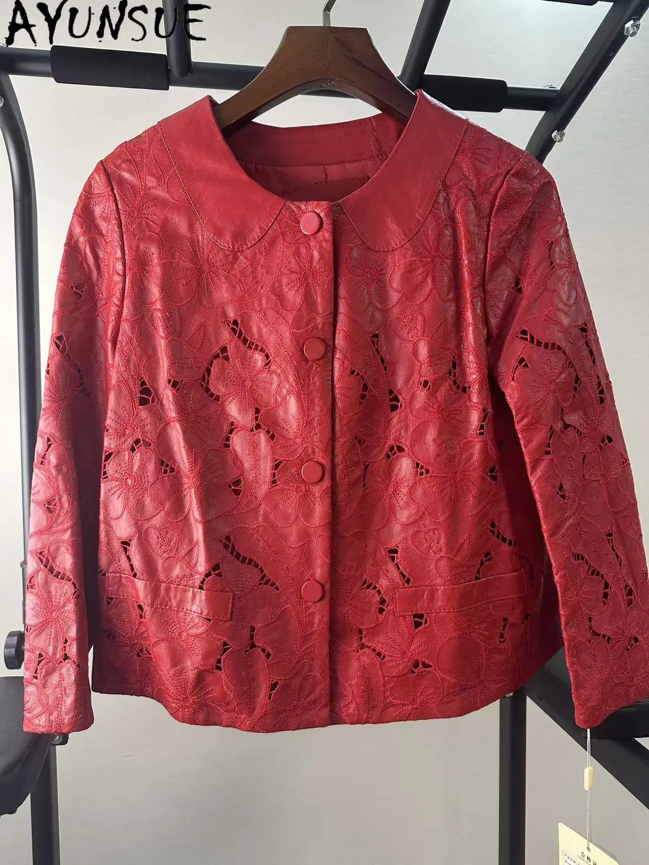 AYUNSUE سترة جلدية أصلية من جلد الغنم للنساء ملابس ربيع الخريف معطف فريد من نوعه تعزيز عيوب صغيرة غير استرداد غير قابل للتبديل #1