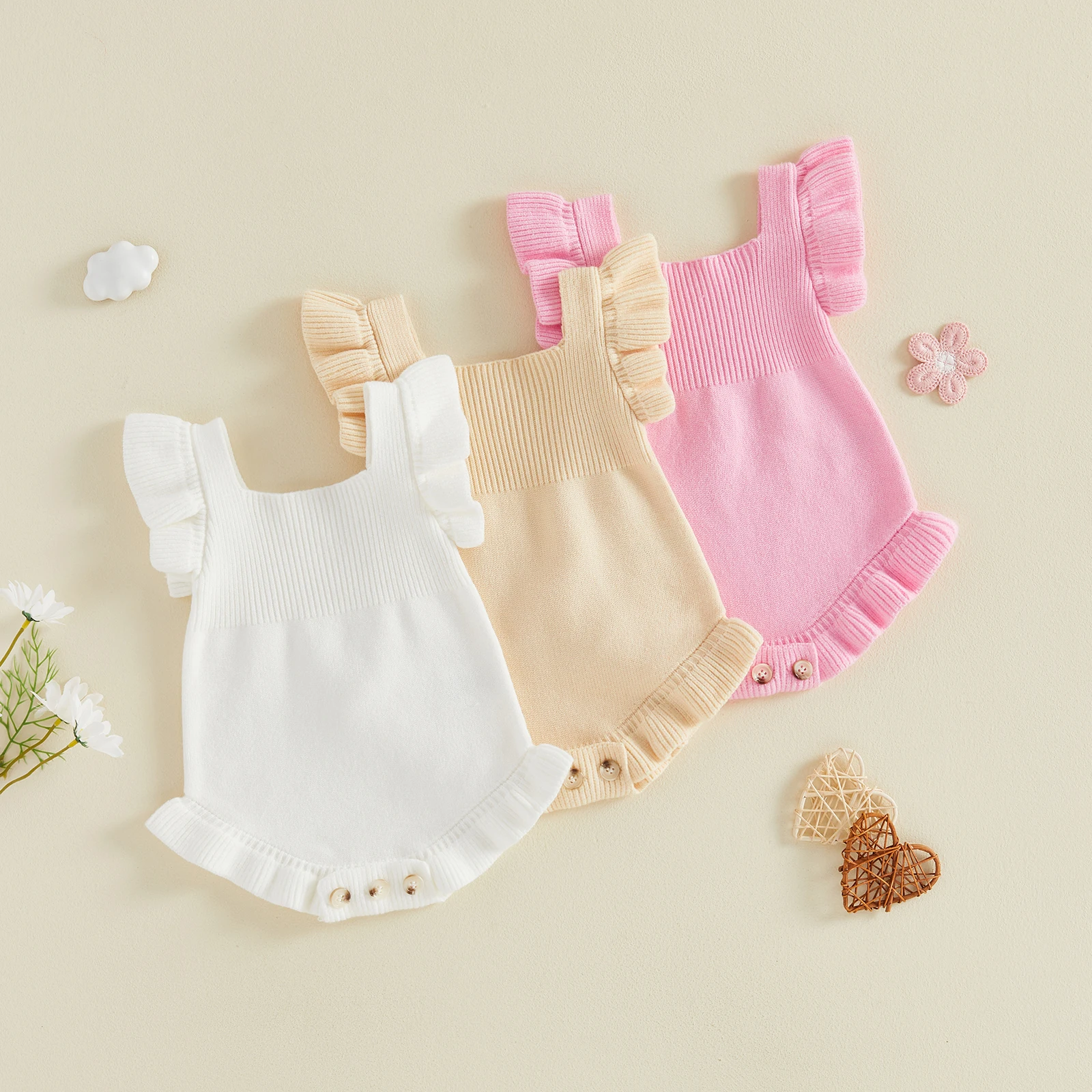 Baby Girl Sweater Romper Solid Square Neck Flying Sleeve Knit Jumpsuit