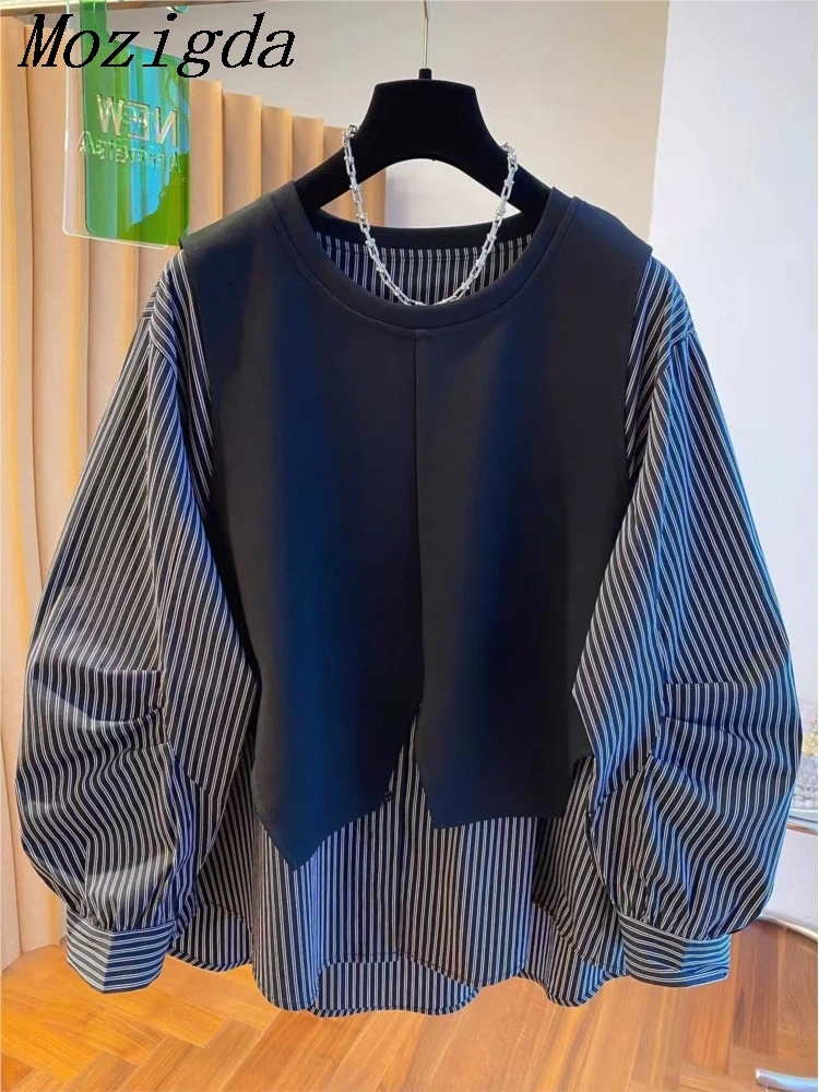Autumn Patchwork Fake Two Piece Set Stripe Shirt Blouse Women Long Sleeve Loose Unique Ladies Tops Comfortable Breathable