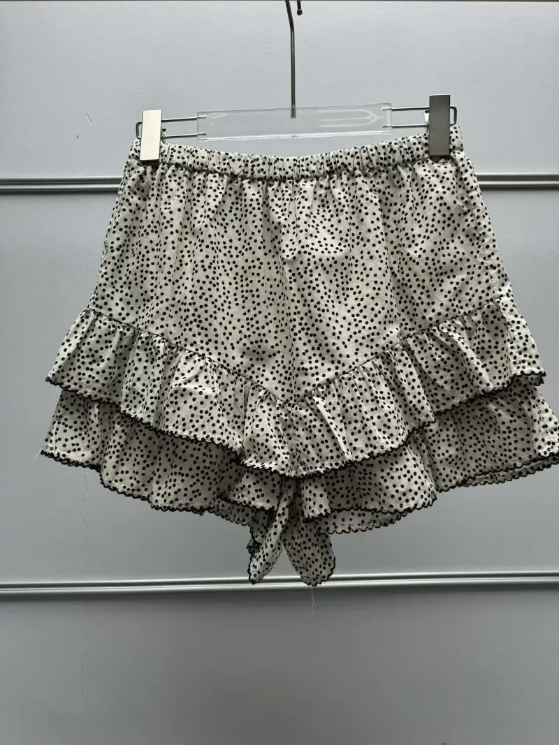Women's Suit 26 Years Old Early Autumn New Polka Dot Printing Pleated Ruffle Edge Vest + Long-sleeved Top + Culottes Set