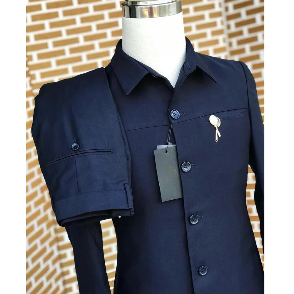 سليم صالح أزياء الرجال الدعاوى أنيقة بلون الأزرق الداكن 2 قطعة سترة السراويل مجموعات كاملة مخصصة مكتب الذكور الملابس السترة #2