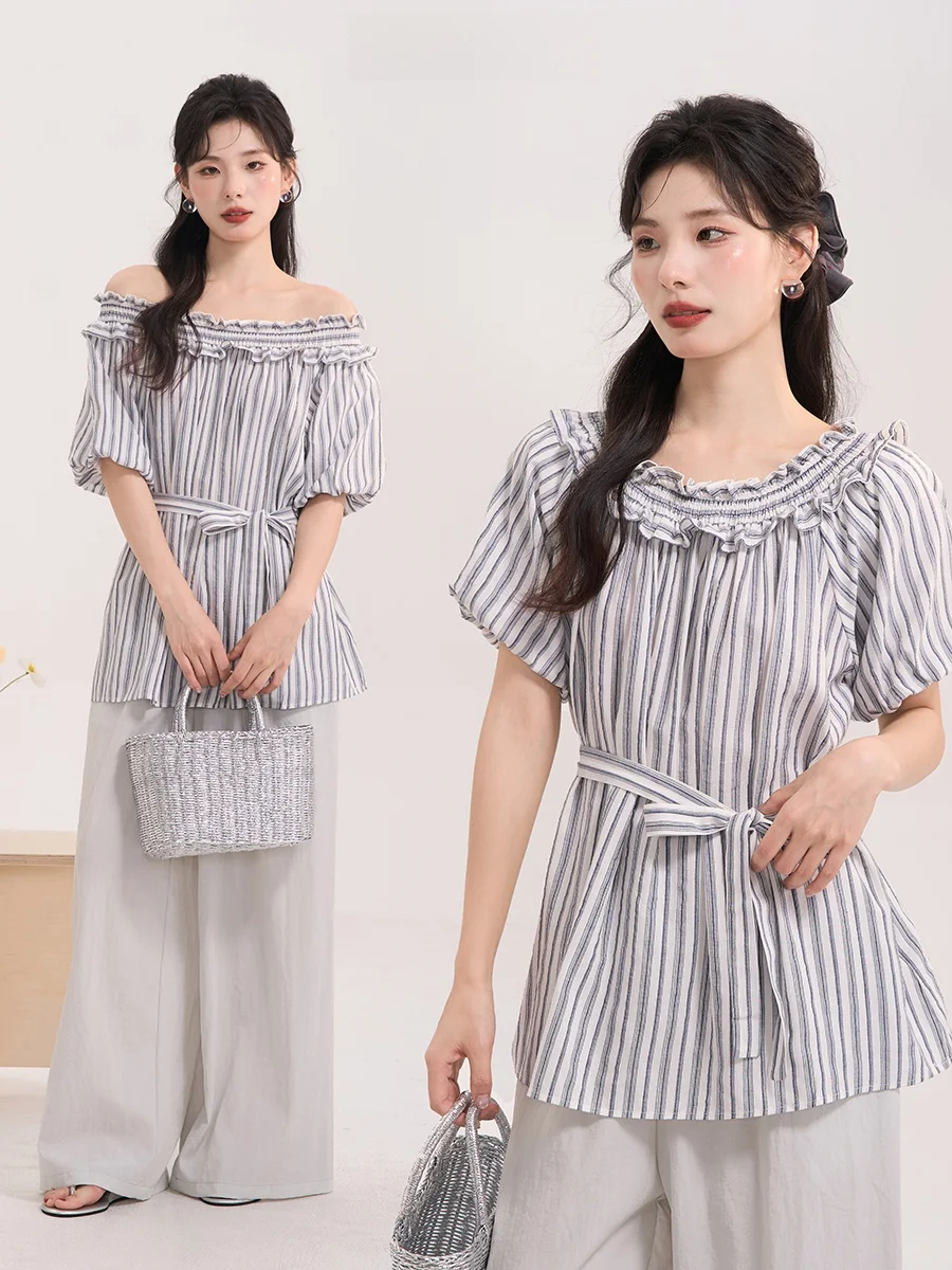 

Летняя женская блузка Heme с полосками, рукавами-фонариками, на одно плечо, с узором «Лунный свет», повседневная, свободного кроя, с короткими рукавами-фонариками