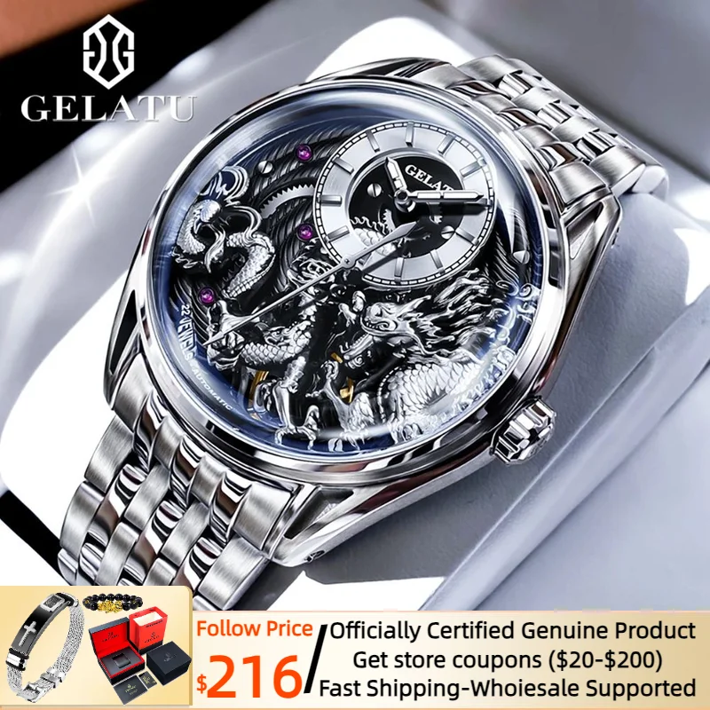 Dragon Watch GELATU Mechanical Men\'s Watches Waterproof Stainless steel Skeleton 44mm Big Dial Original Automatic Wristwatch NEW