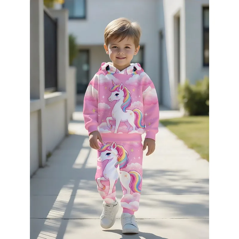 Kids Hoodie Jogger: Pink Cloud Unicorn Print, Aurora Galaxy Cat Graphic, Ocean Dolphin Bubble Pattern Kid Tracksuit