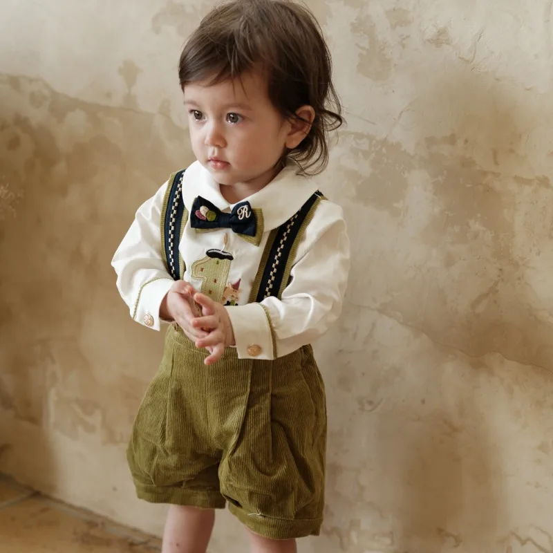 Ins Handmade Boys 0-3 Birthday Handsome Shirt+under Pure Cotton Two-piece Autumn Kids Boutique Christmas Clothes