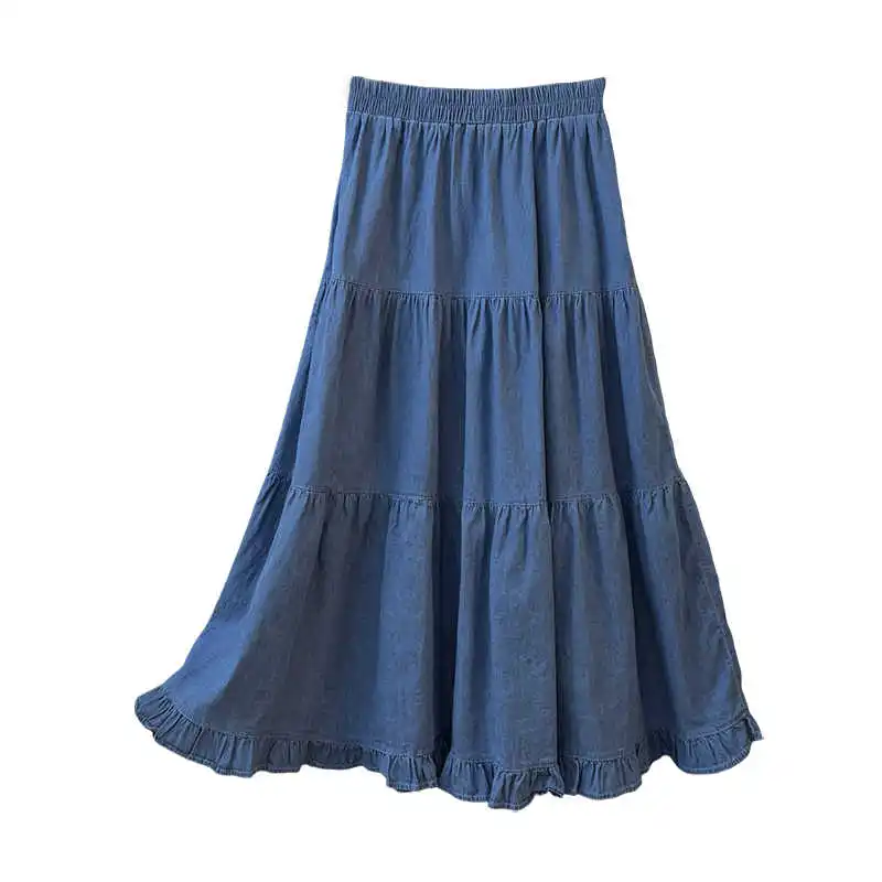 Gonne di jeans a trapezio con volant stile francese Donna Primavera Estate Gonna a pieghe elastica a vita alta Gonne di jeans di media lunghezza femminili