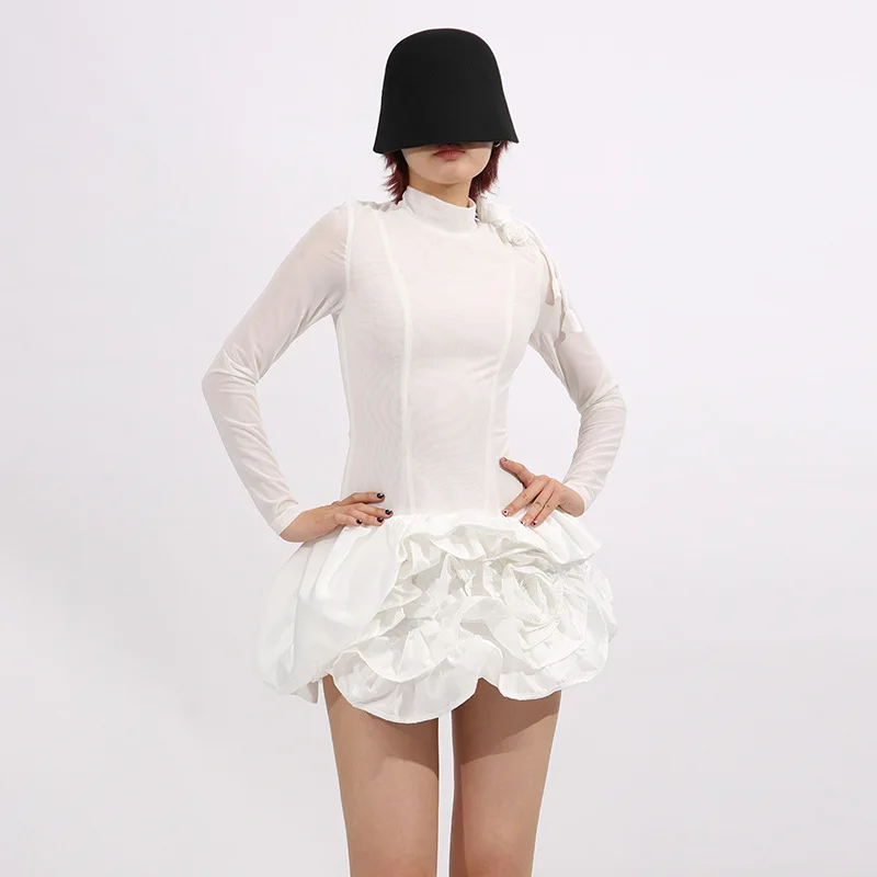 

High Quality 3D Flowers Slim Ball Gown Dresses Spring Women Long Sleeves Stand Collar Dress Autumn High Waist Zipper Mini Dress