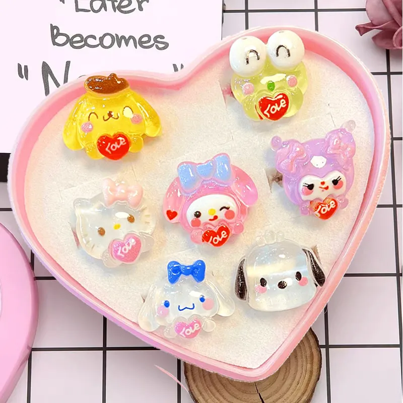 Cartoon Sanrio Anime Ring Adjustable Accessories Kawaii Hello Kitty My Melodys Kuromi Resin Girlfriend Girl Heart Decorate Gift