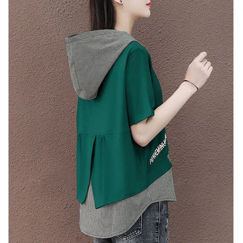 Fashion Hooded Spliced Lattice Fake Two Pieces Blouse Female Clothing 2023 Summer New Casual Pullovers Korean Embroidery Shirt