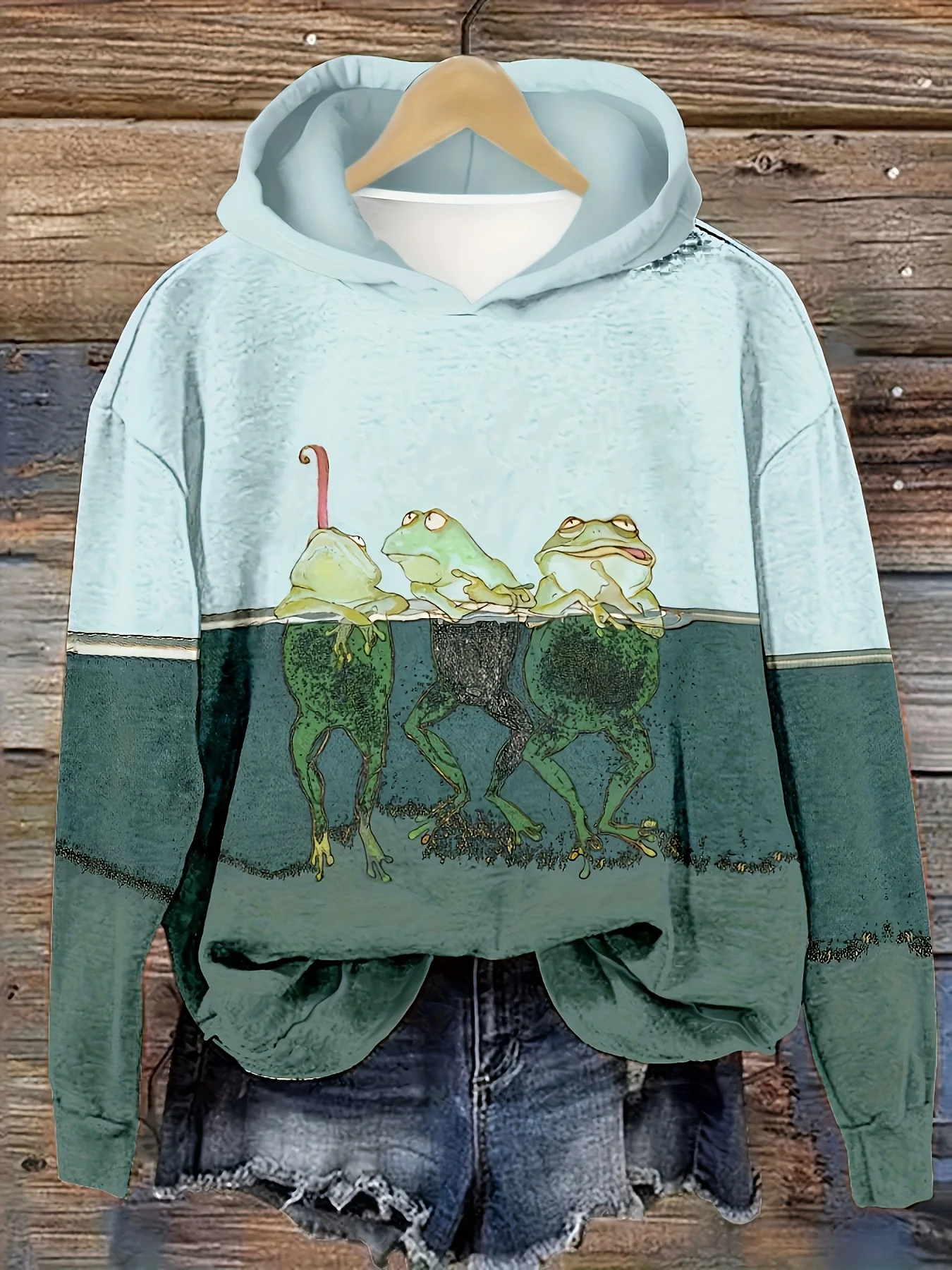 

PLstar Cosmos 3D Printed Japanese Wave Green Frog Pattern Women's Casual Hoodie