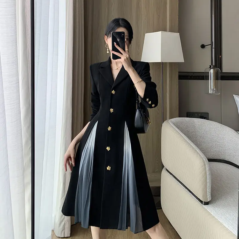 Women Spring Autumn Simplicity Office Lady Solid Color Long Sleeve Midi Dress Ladies Temperament All-match Trend A-line Skirt