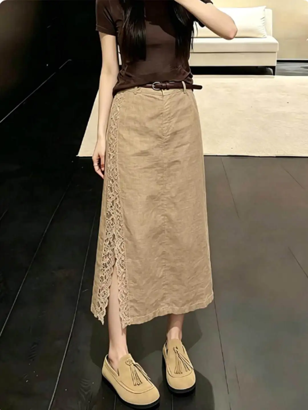 Khaki Side Split Lace Trim Half Skirt Women's High Waist Slimming Versatile Linen A-Line Skirt Summer New Arrival Commute Style