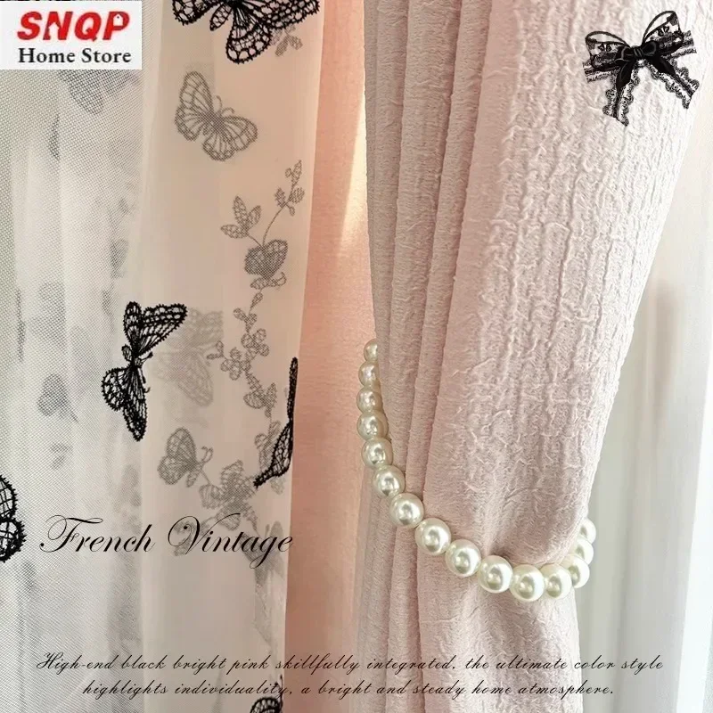 European Vintage Black Butterfly Embroidered Romantic Wavy Trim Curtains for Living Room Bedroom Dining Custom Decor Size Tulle