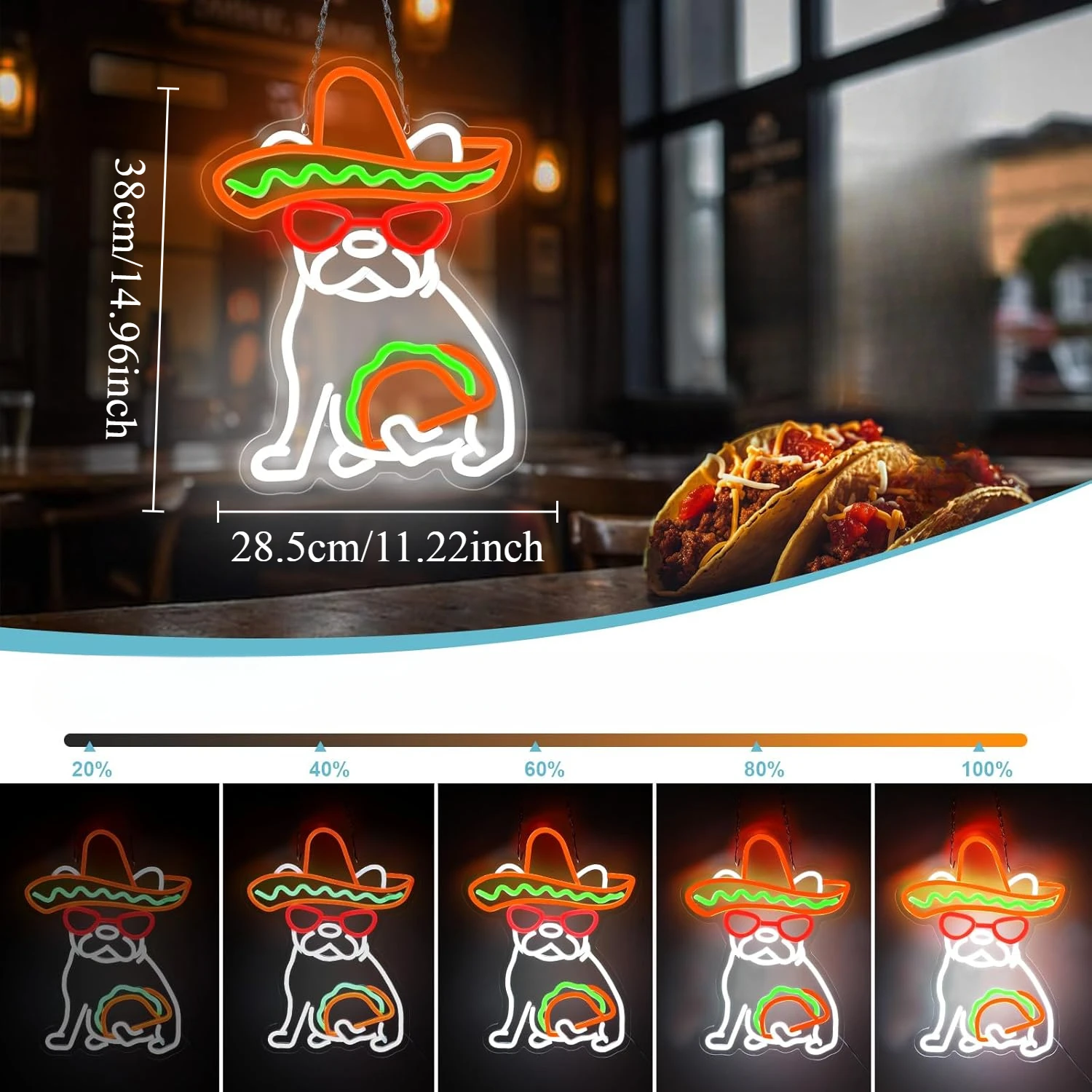 French Bulldog Taco Neon Sign Dimmable USB LED Neon Light for Mexican Theme Bar Restaurant Taco Shop Man Cave Bedroom Wall Decor