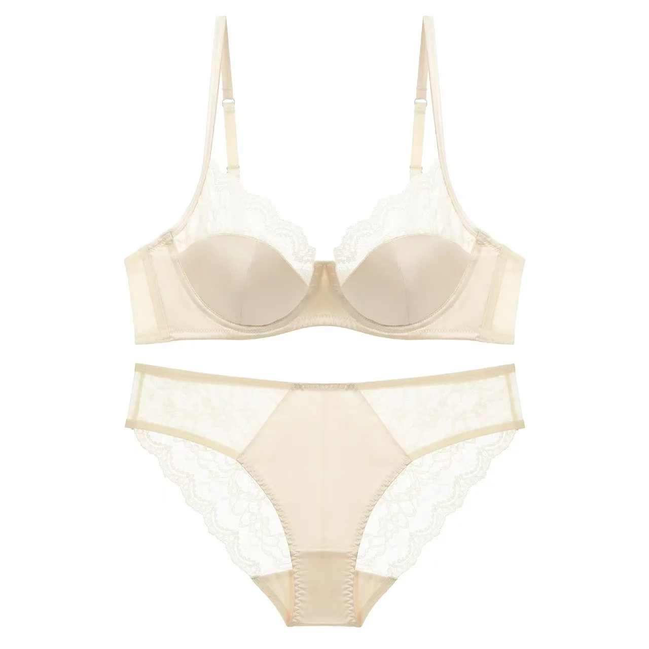 طقم حمالة صدر ولباس داخلي فرنسي أنيق - مزيج من الساتان والدانتيل، دعم كامل للصدر، تصميم مضاد للترهل للنساء المتعرجين