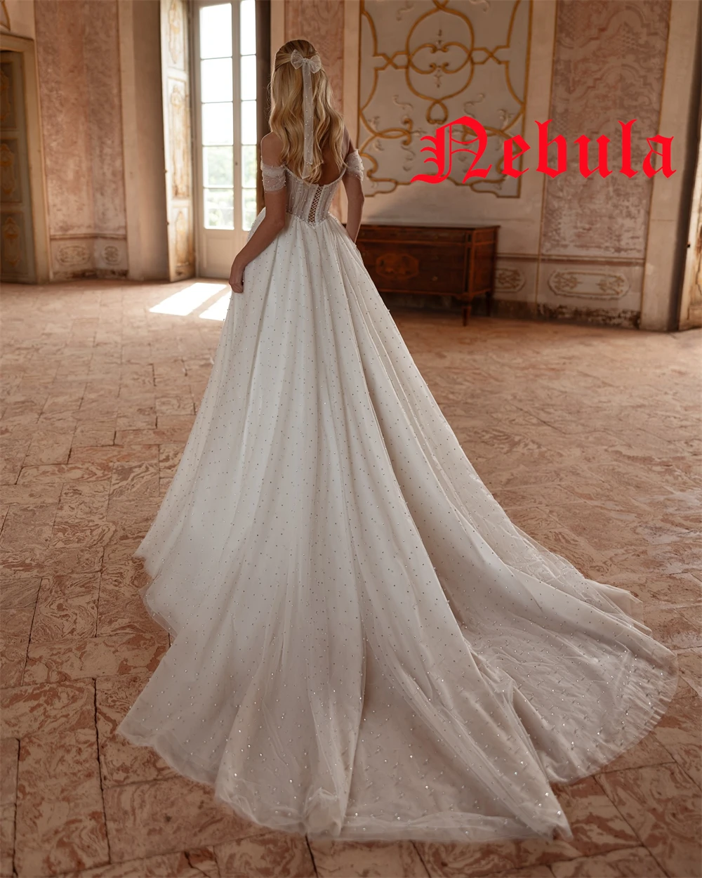 사용자 정의 절묘한 흰색 레이스 Strapless 캡 슬리브 긴 소매 웨딩 드레스 우아한 채플 기차 Backless 신부 가운