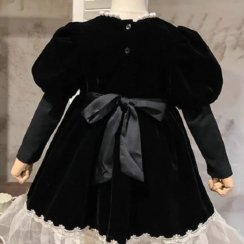 Girls' Dress with Beading, Faux Two-Piece Lace Patchwork Princess Dress2025Autumn and Winter New Fashion Foreign Trade Children'