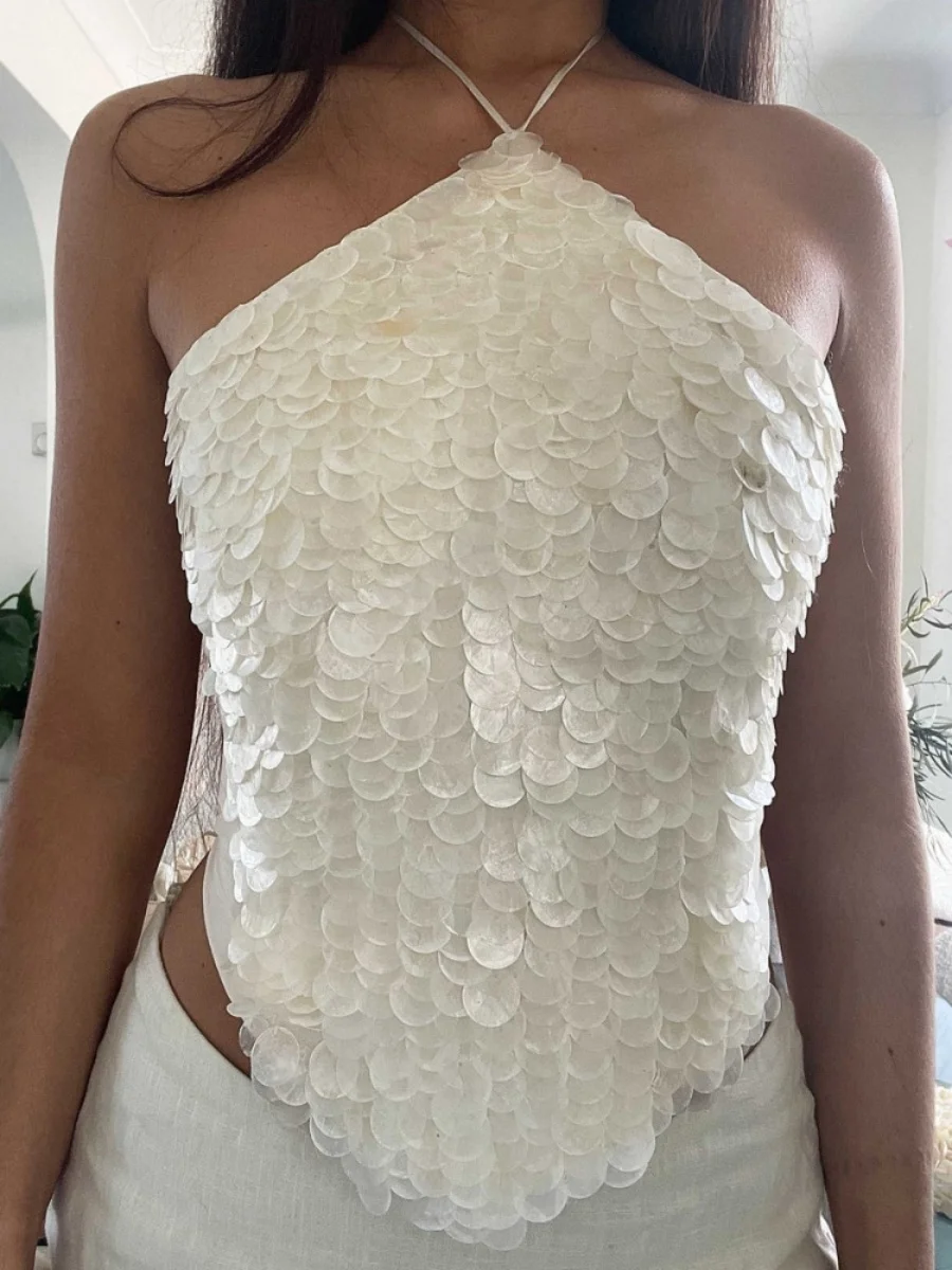 

Женский топ Y2k с лямкой на шее и блестками, укороченный топ без рукавов с завязками на спине и блестками, блестящие топы для вечеринок на выход, уличная одежда