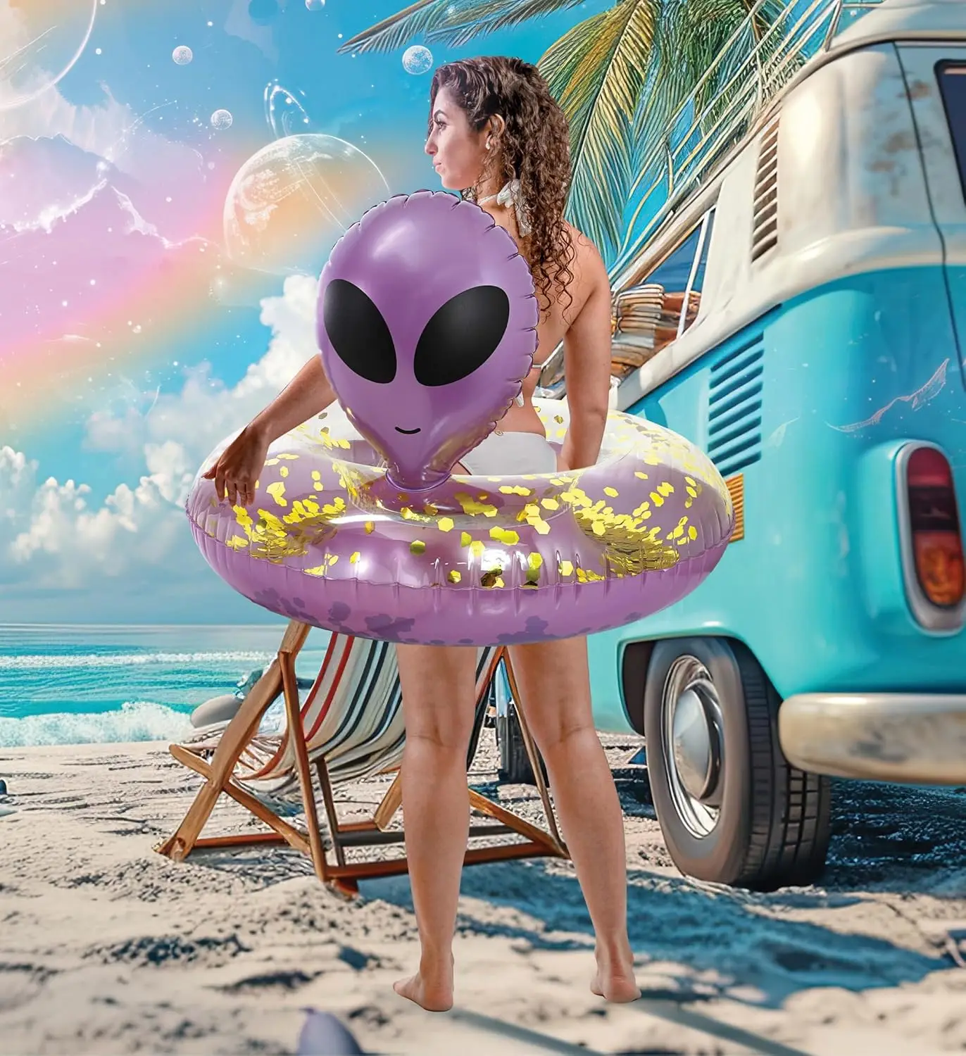 Tubo flotante inflable para piscina alienígena, vinilo resistente a los rayos UV, confeti para piscina, flotador de alienígena, flotador de piscina fresco, anillo de natación para piscina inflado