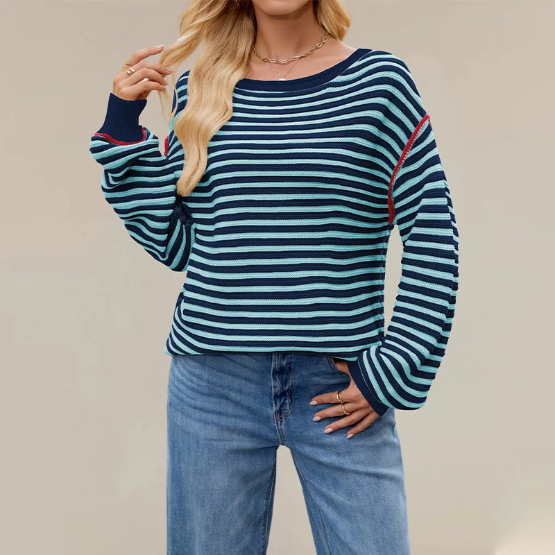 2025 New Ropa De Mujer Autumn And Winter Striped Knitted Tops For Woman Round Neck Pullover Loose Long Sleeved Commuting Sweater