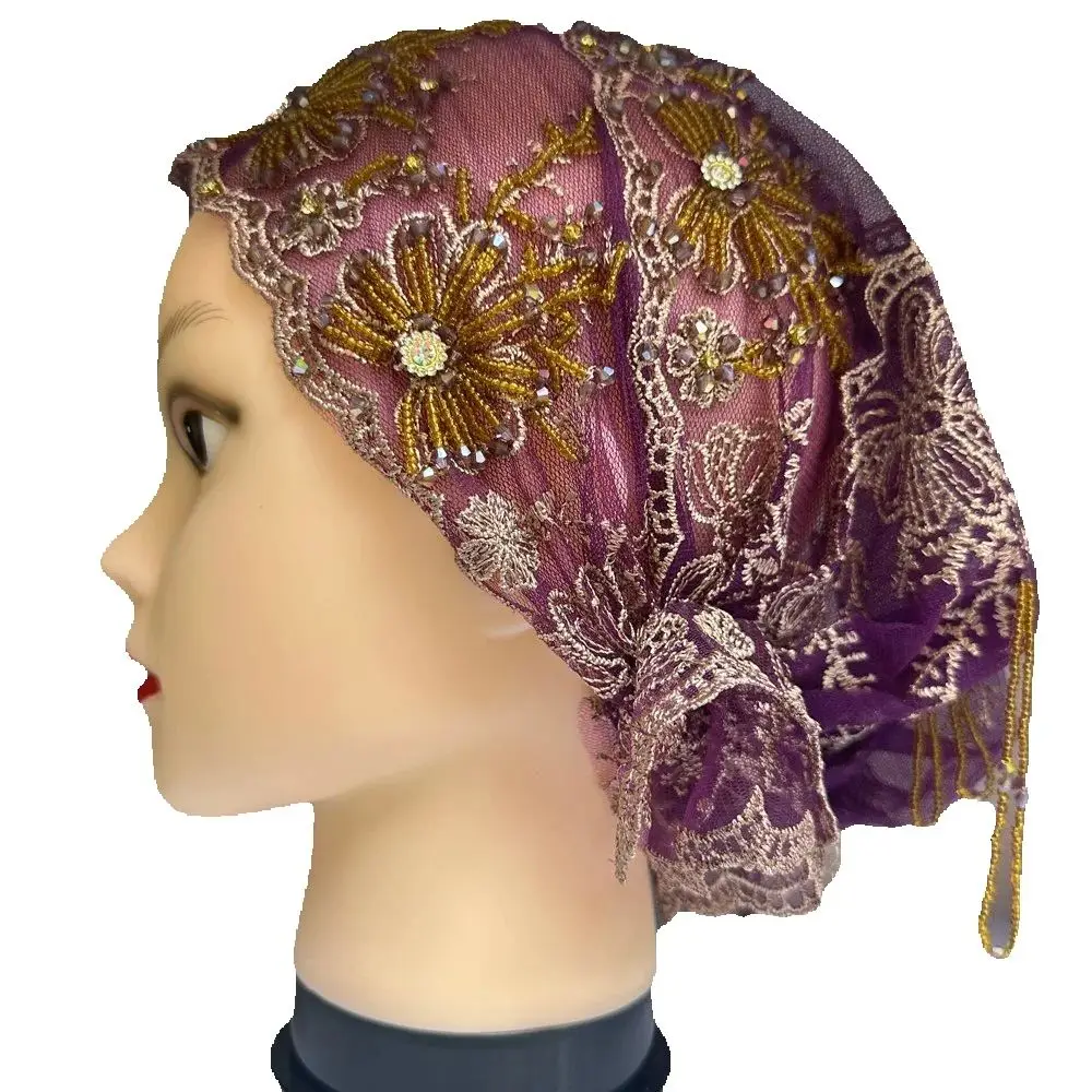 Malaysia Premium Women's Hijab Hat Beaded Tassels Shiny Floral Design Solid Plain Lace Jersey Summer Instant Inner Polyester