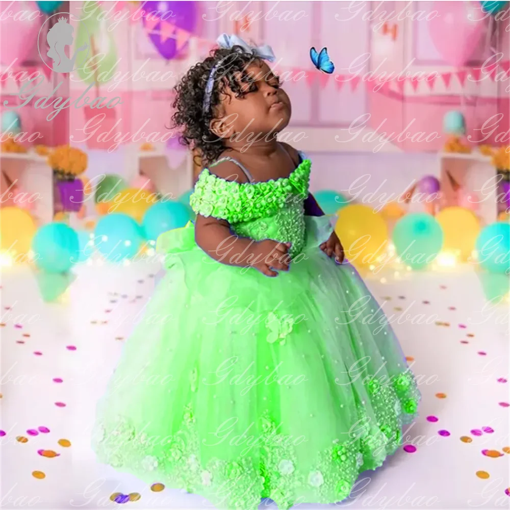 Vestidos de niña de flores rosas con perlas y hombros descubiertos, vestido de princesa con flores y mariposas de encaje, primera fiesta de