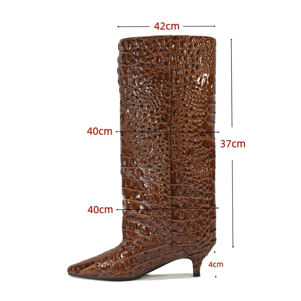 Trendy Euro-American Style Kitten Heel Wide Shaft Knee High Boots with Crocodile Pattern in Dual Colors for Women Casual Party