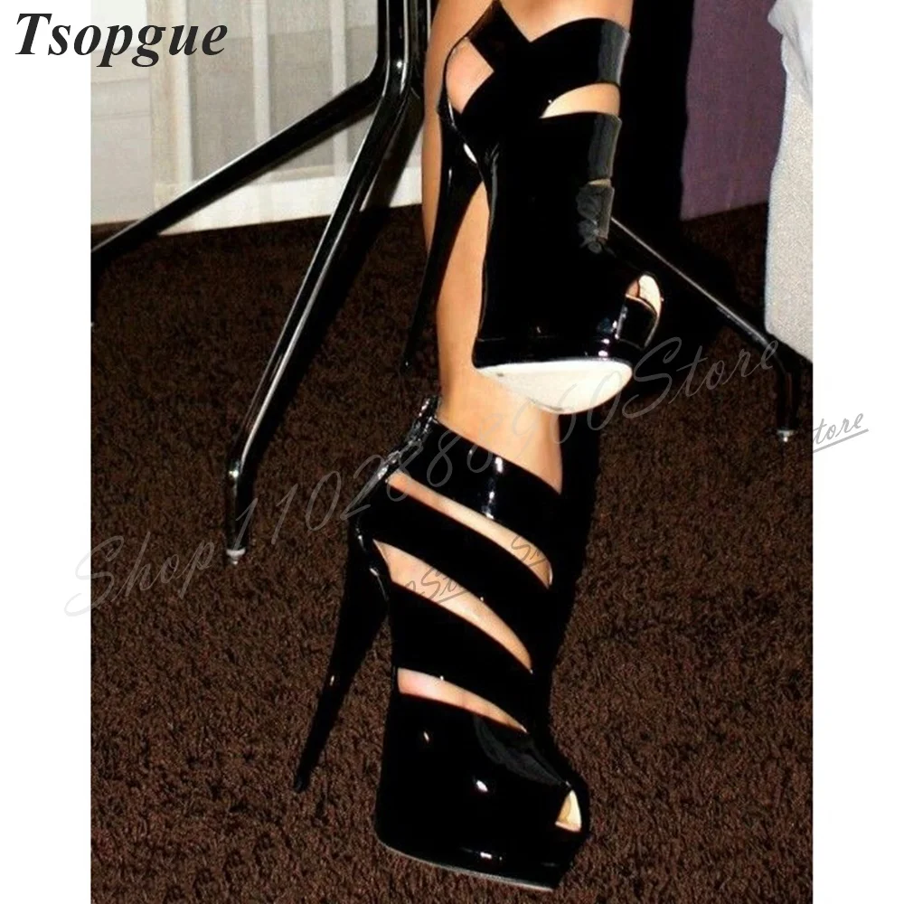 

Black Strappy Platform Stylish Sandals Thin High Heel Shoes For Women Back Zipper Peep Toe 2024 Fashionable Zapatos Para Mujere