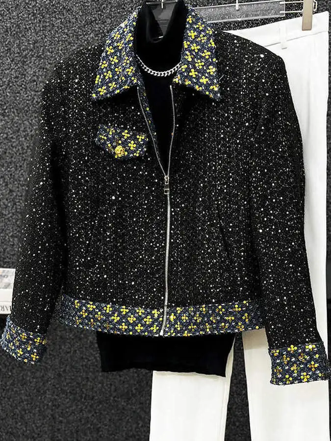 

Мужская куртка в стиле ретро с пайетками и вставками, на молнии, с воротником, в корейском стиле, необычный дизайн, модная верхняя одежда для молодежи, популярная, из полиэстера.