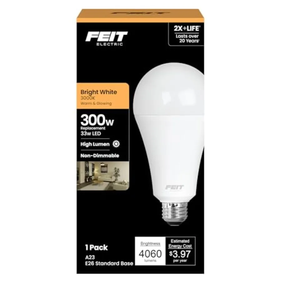 A23 LED Light Bulb, 300W Equivalent, Non-Dimmable, 4060 Lumens, E26 Standard Base,,High Output LED Bulb, Damp Rated, 22 Year Li