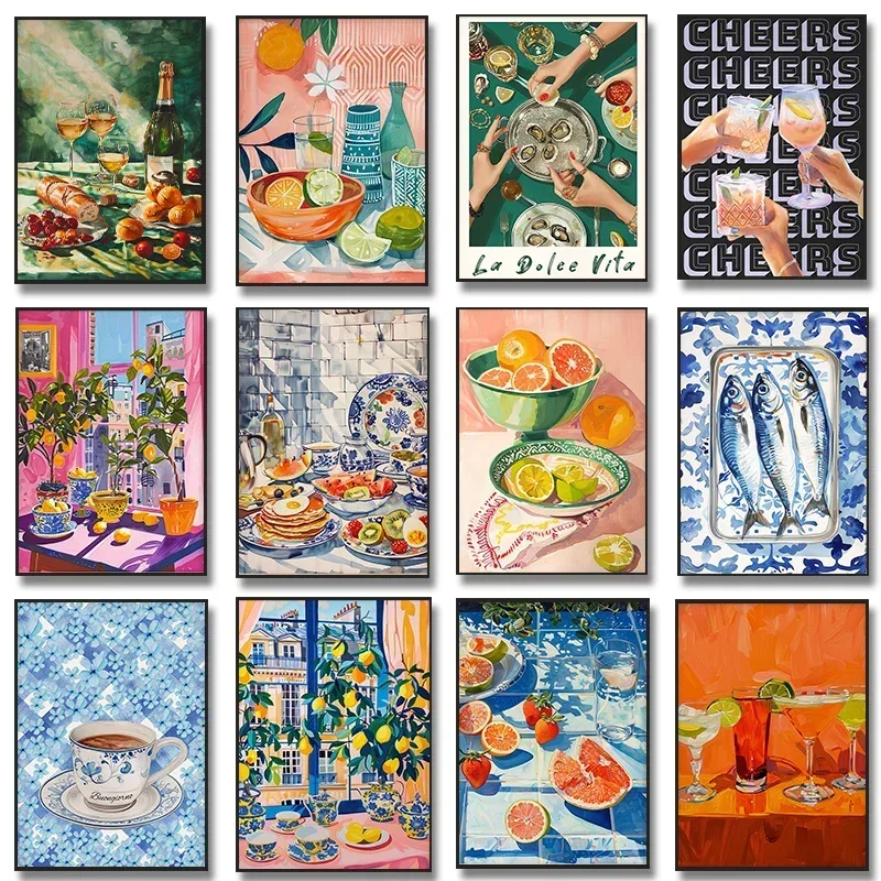 Frameless Canvas Painting Vintage Print Kitchen Wall Decor Poster Watercolor Poster La Dolce Vita Poster Italy Wall Art Kitchen