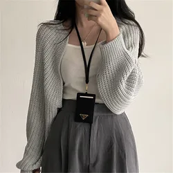 Long Sleeve Cover Outfit Coat Casual Solid Knit Sweater Cardigan Short Women Clothes Elegant Winter Batwing Sleeve All-match Top