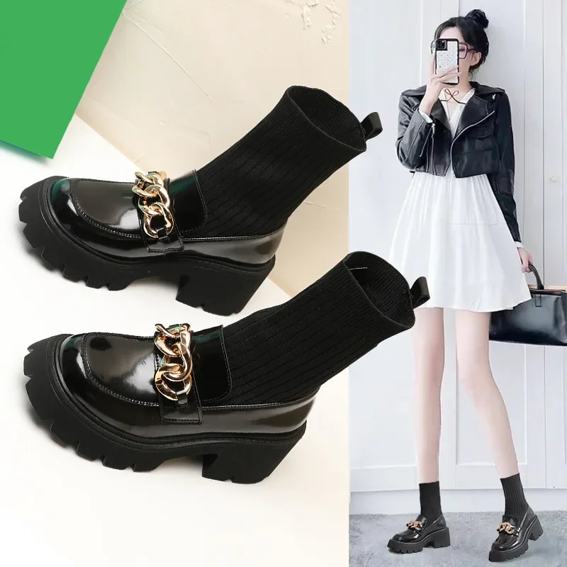 

Женские кожаные туфли на платформе 7 см, новинка 2024, лоферы, ботинки-носки, весенне-осенняя однотонная обувь, эластичные ботинки-носки